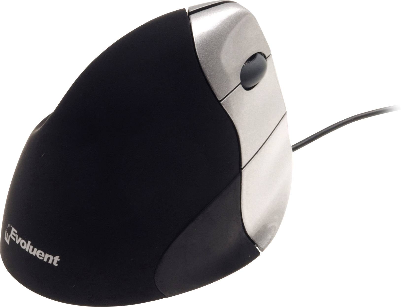 Ergonomische vertikale Maus in Schwarz und Silber, mit Kabel. Entwickelt zur Schonung des Handgelenks bei längerer Nutzung.