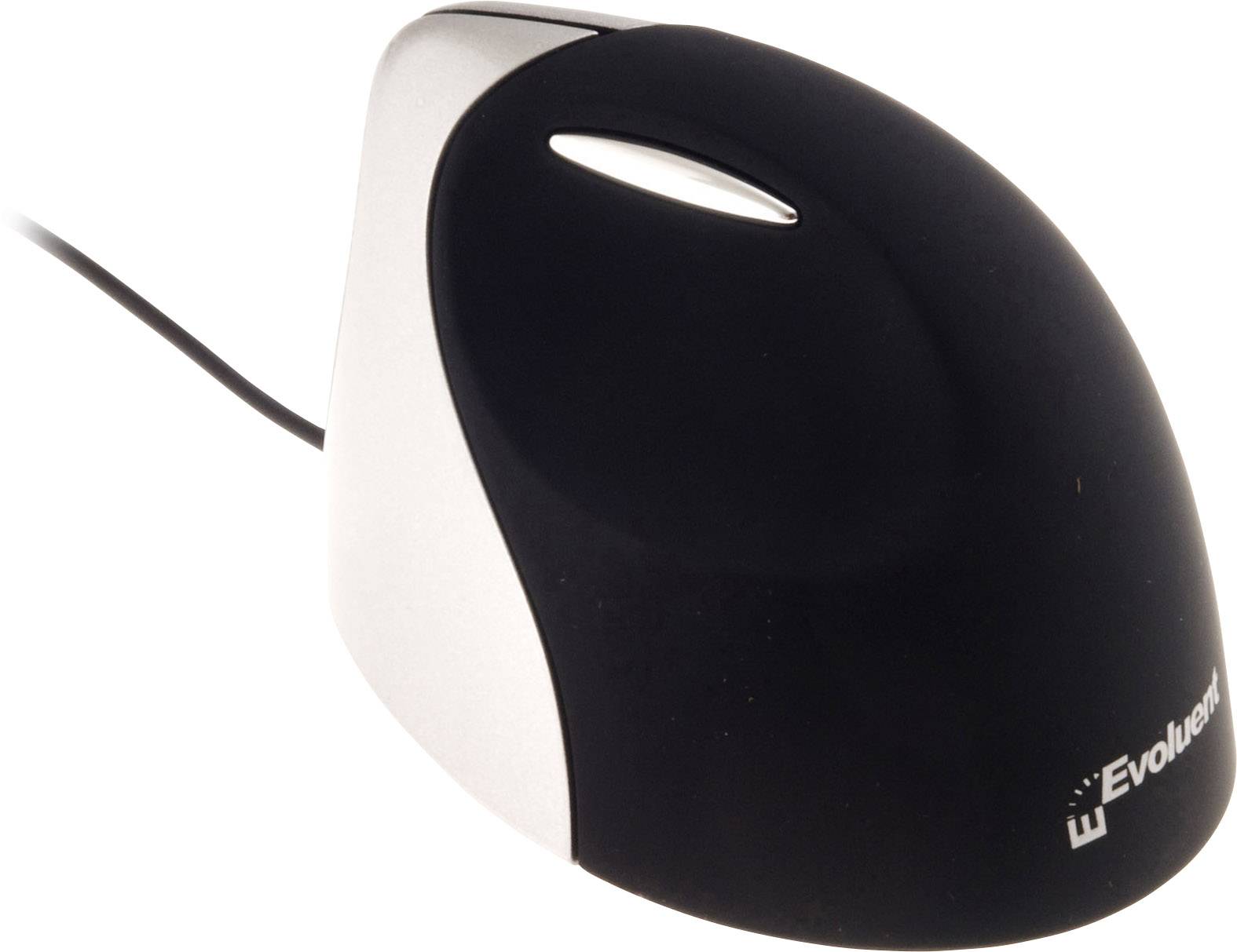 Eine schwarze ergonomische Maus mit Kabel, seitlichem Tastenbereich und der Aufschrift 'Evoluent'.