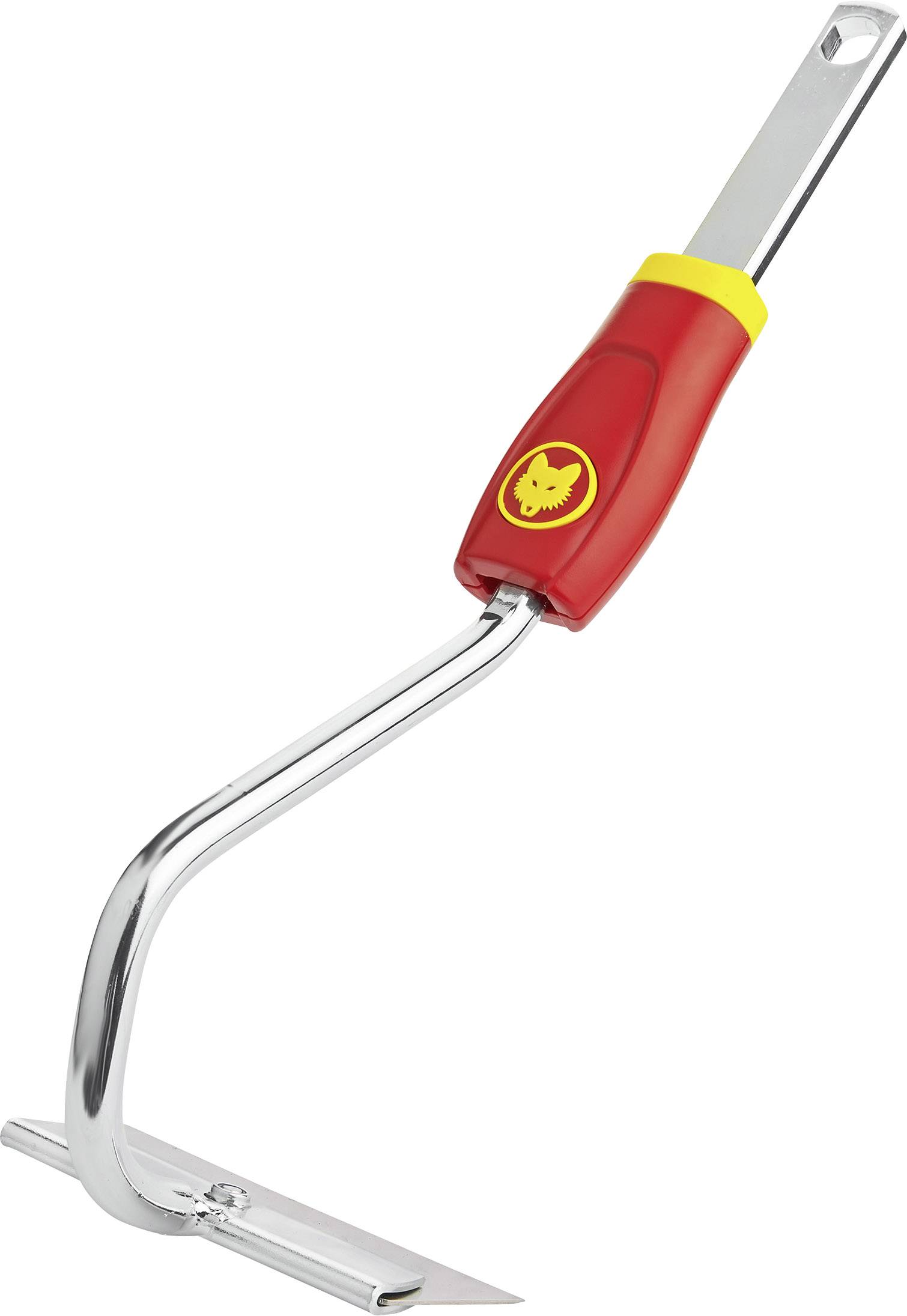 Handgartengerät mit Metallklinge und rotem Kunststoffgriff, ideal zur Unkrautentfernung.