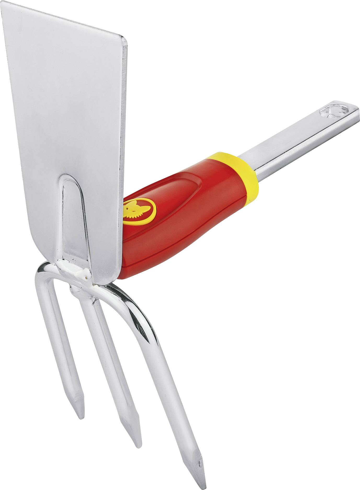 Handgerät mit rotem Griff und gelber Marke, kombiniert Hacke und Dreizack, nützlich für Gartenarbeiten wie Graben und Harken.