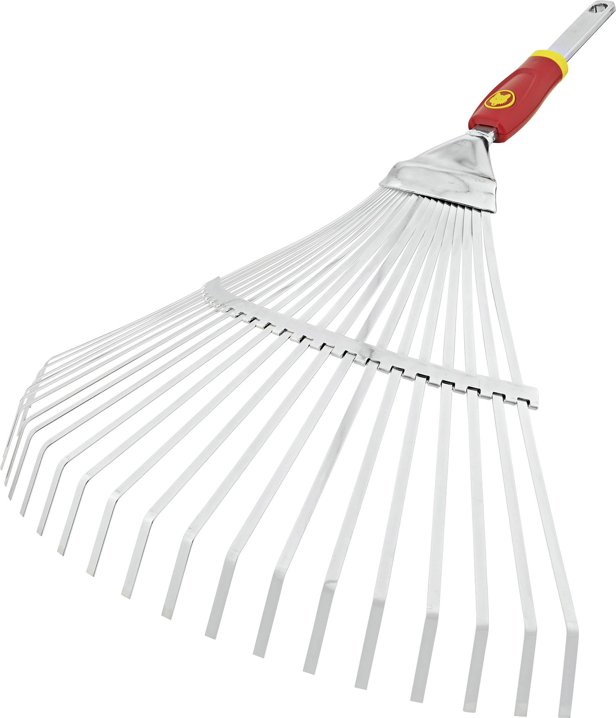 Rechen mit losen Metallzinken und Kunststoffgriff, ideal zum Laubkehren im Garten.
