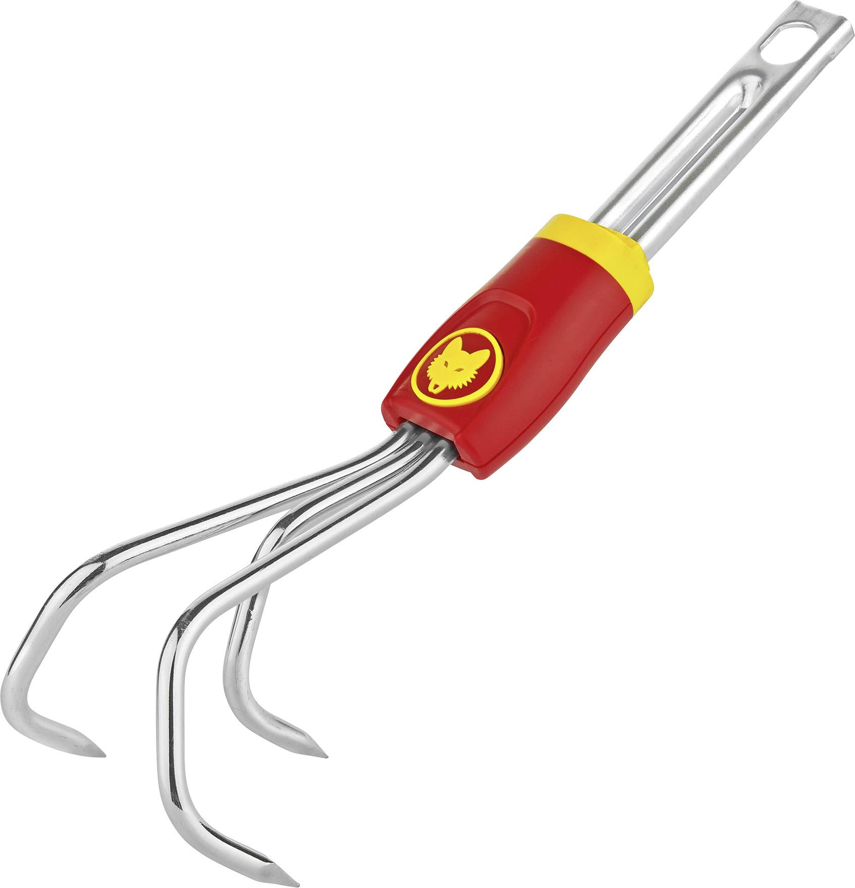 Handgerät mit drei gebogenen Metallzinken und rotem Griff mit gelbem Wappen.