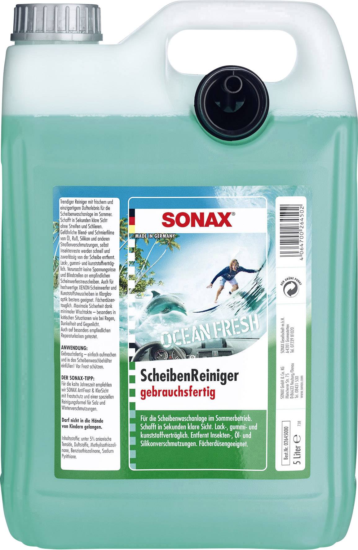 Kunststoffkanister mit 5 Litern ScheibenReiniger von SONAX, Sorte 'Ocean Fresh', gebrauchsfertig. Bild einer Person beim Surfen auf dem Etikett.