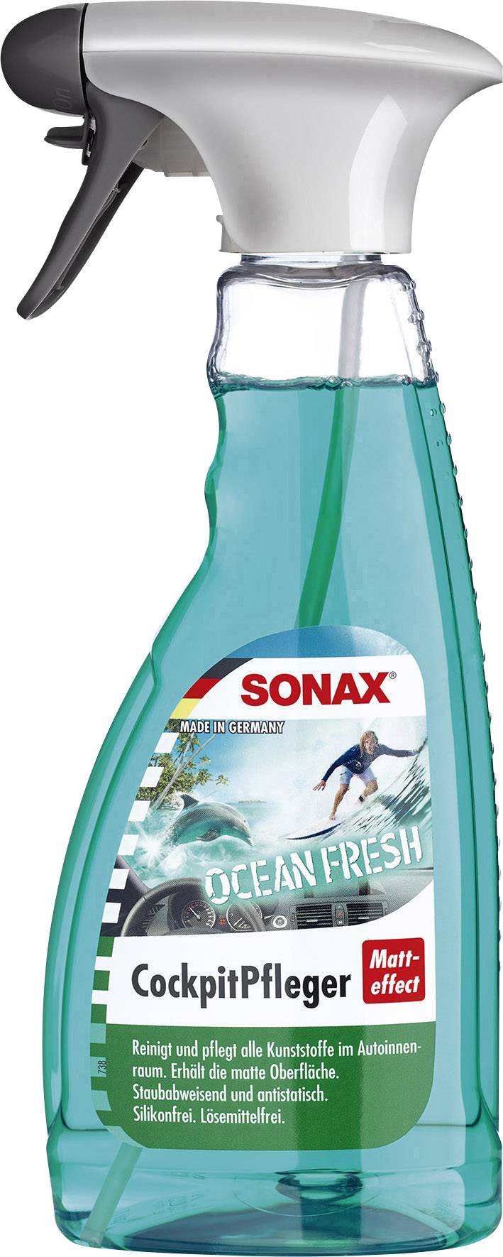Sprayflasche 'SONAX CockpitPflege' Ocean Fresh Duft, für Kunststoffpflege im Auto, mattierend, 500 ml, bedruckt mit Wellenmotiv.