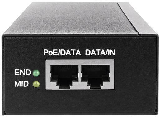 Schwarzes Netzwerkgerät mit zwei Ethernet-Ports und zwei grünen LED-Anzeigen, beschriftet mit 'PoE/DATA DATA/IN', 'END' und 'MID'.