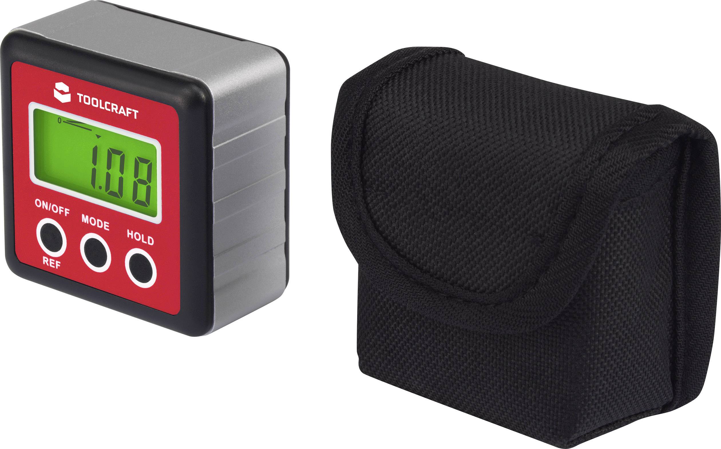 Digitaler Neigungswinkelmesser mit grün beleuchtetem Display zeigt '1.08'. Daneben eine schwarze Aufbewahrungstasche.