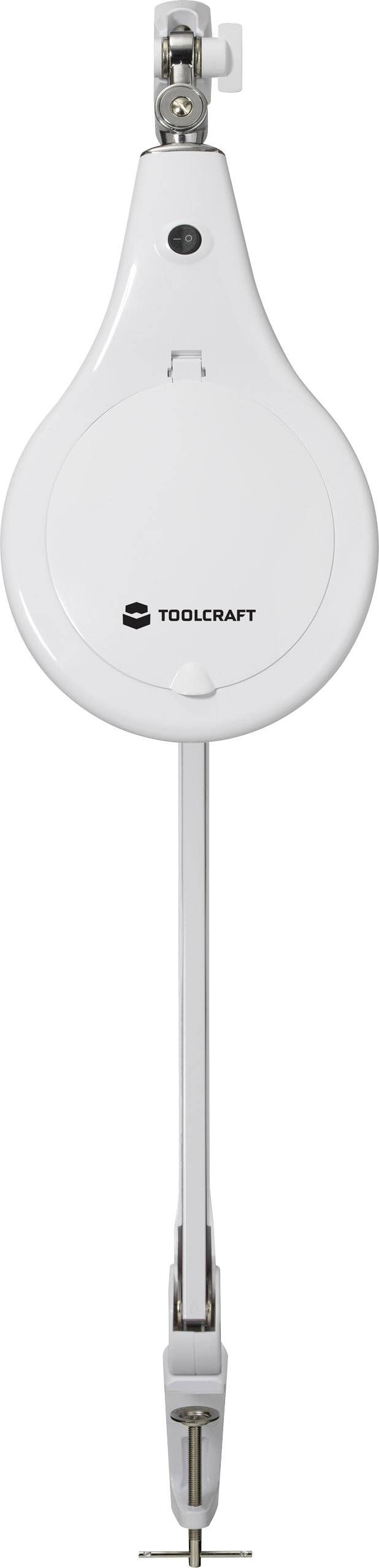 Ein ausziehbares, weißes Kabelaufroller-Gehäuse der Marke Toolcraft mit Haken und Clip zur Befestigung.