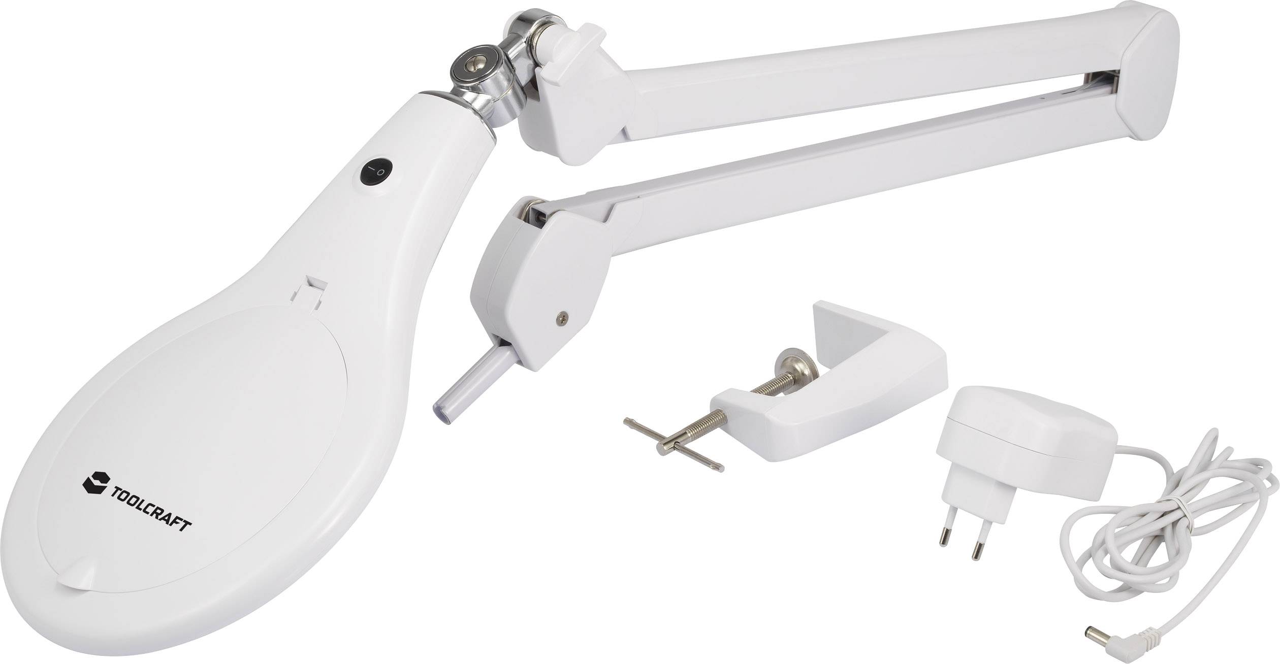 Verstellbare weiße LED-Lupenlampe mit Tischklemme und Netzadapter, ideal für Detailarbeiten und präzises Handwerk.