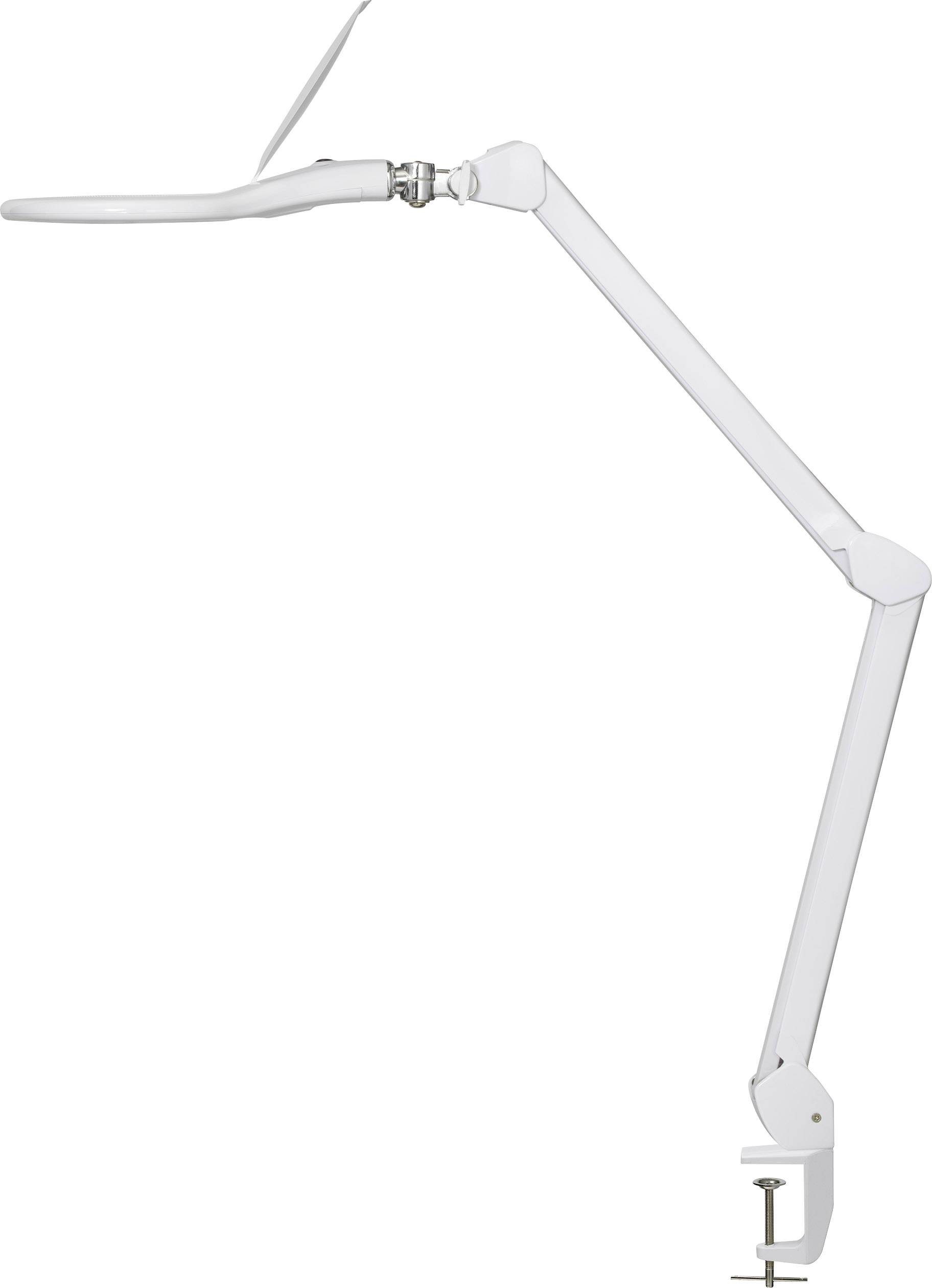 Schwenkbare weiße Tischlampe mit langem Arm und Klemmbefestigung.