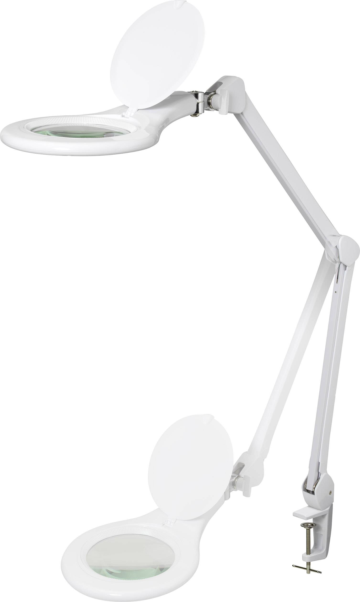 Verstellbare Tischlampe mit Lupe und schwenkbarem Arm, weißes Design, geeignet für präzises Arbeiten oder Lesen.