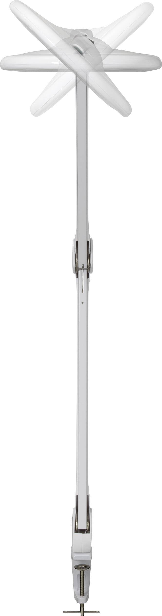 Ein weißer Ventilator wird an einer Stange befestigt. Die Rotorblätter sind beweglich und in mehreren Positionen zu sehen.