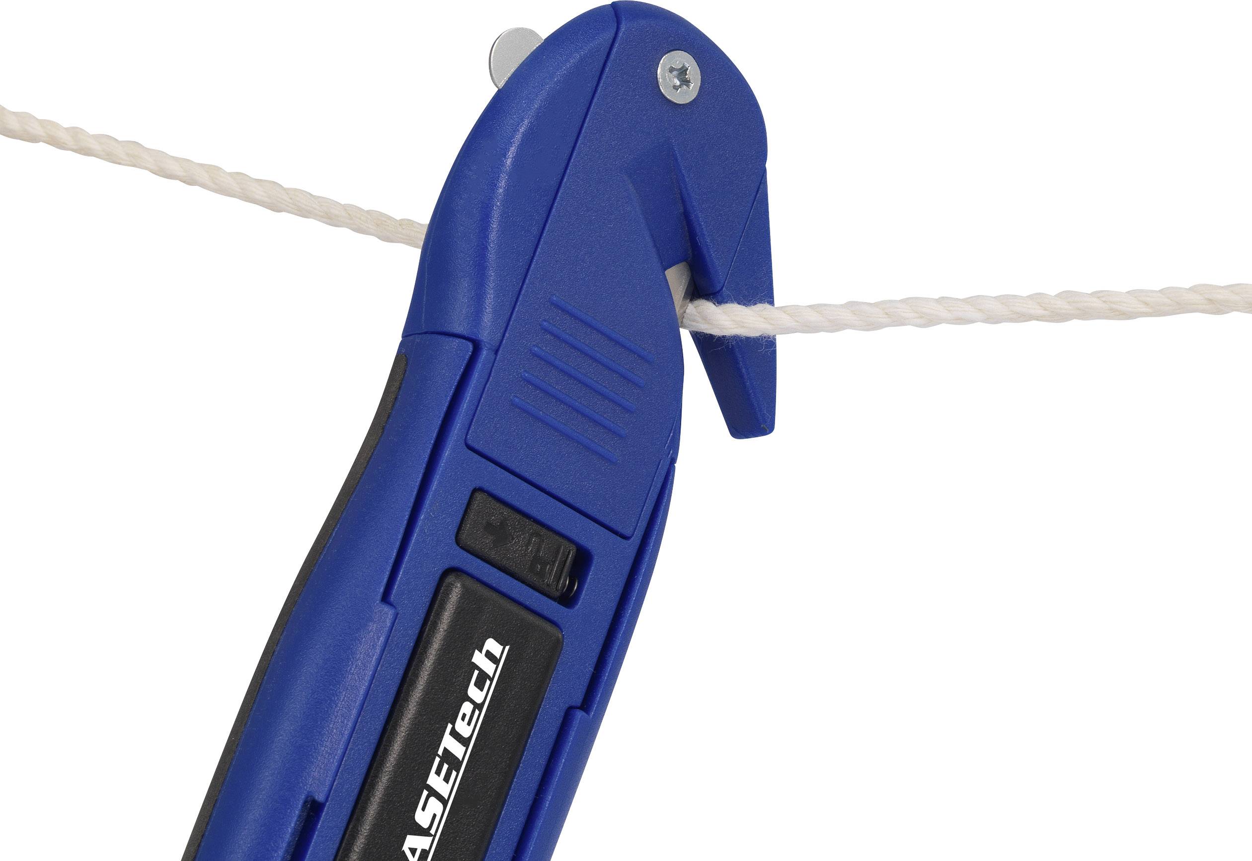 Ein blaues Schneidewerkzeug schneidet ein weißes Seil.