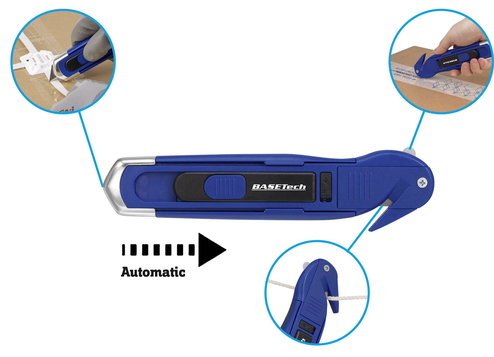 Ein automatisches Sicherheitsmesser in Blau wird gezeigt, das für das Schneiden von Karton, Folie und Bändern verwendet wird.