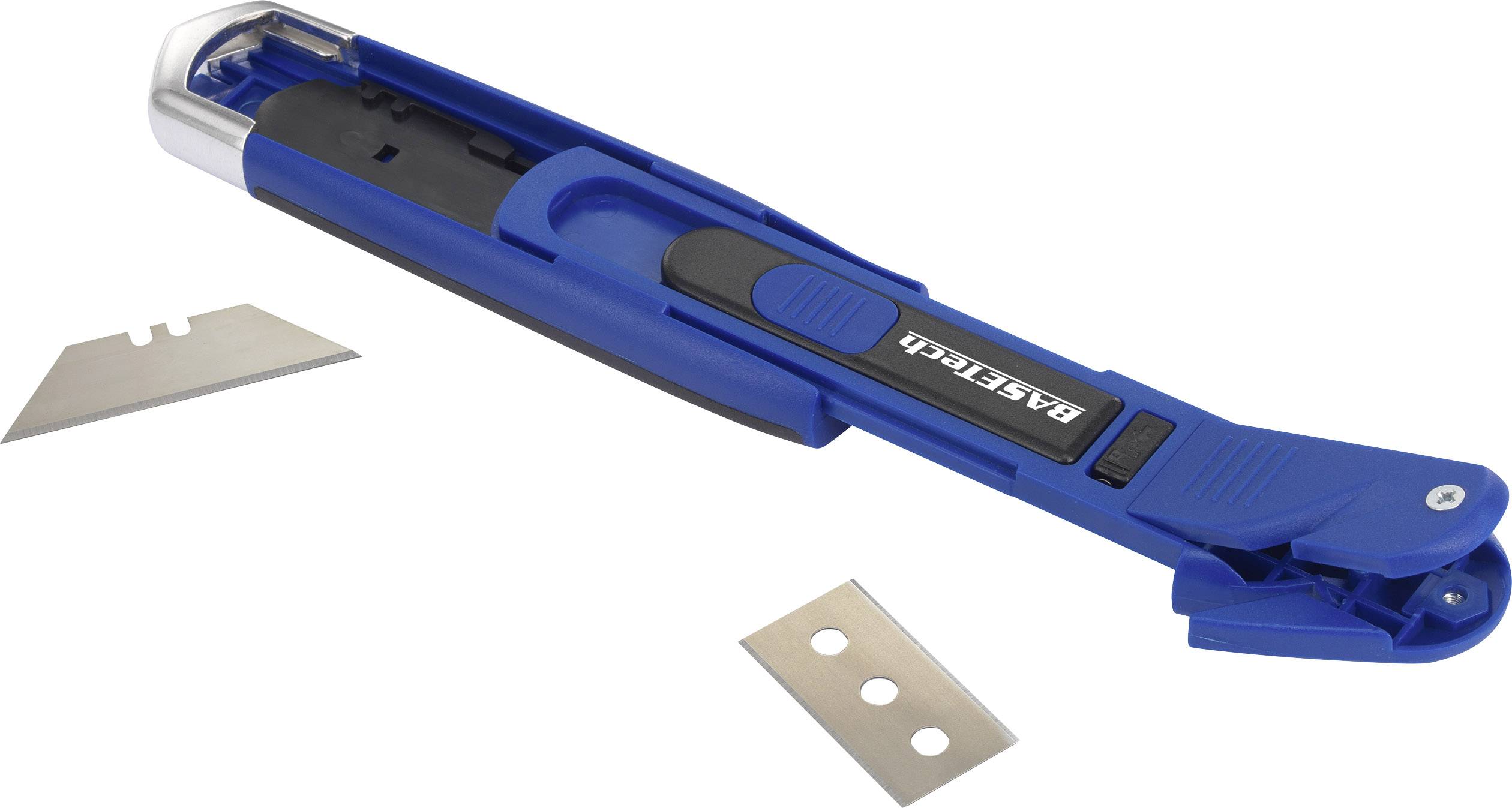 Blauer Klingenhalter mit sichtbarer Klinge und zwei Ersatzklingen auf einem weißen Hintergrund. Geeignet für Schneidarbeiten.