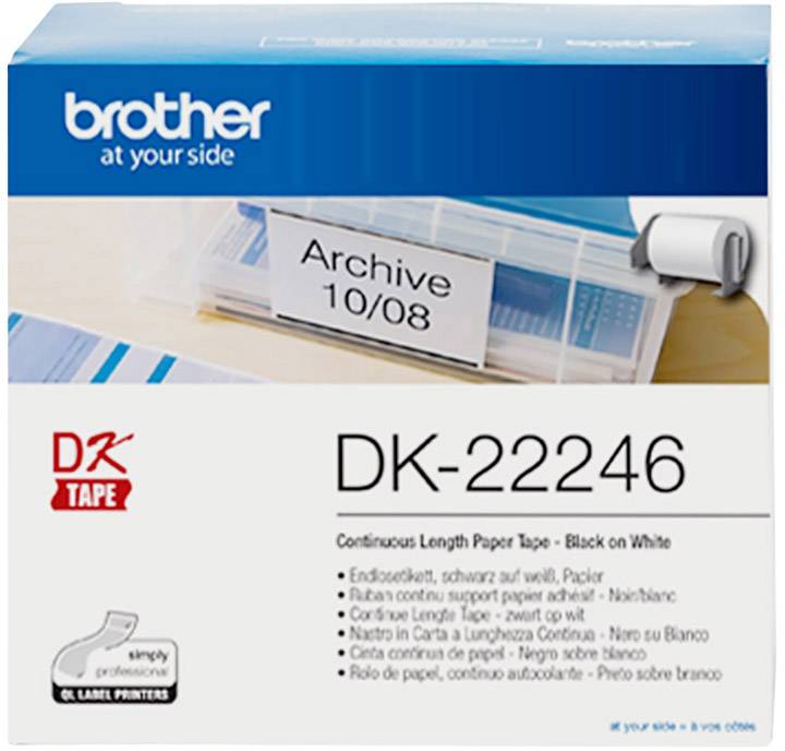 Verpackung einer Brother DK-22246 Etikettenrolle. Enthält kontinuierliches Papierband in Schwarz auf Weiß, geeignet für Endlosetikettierung.