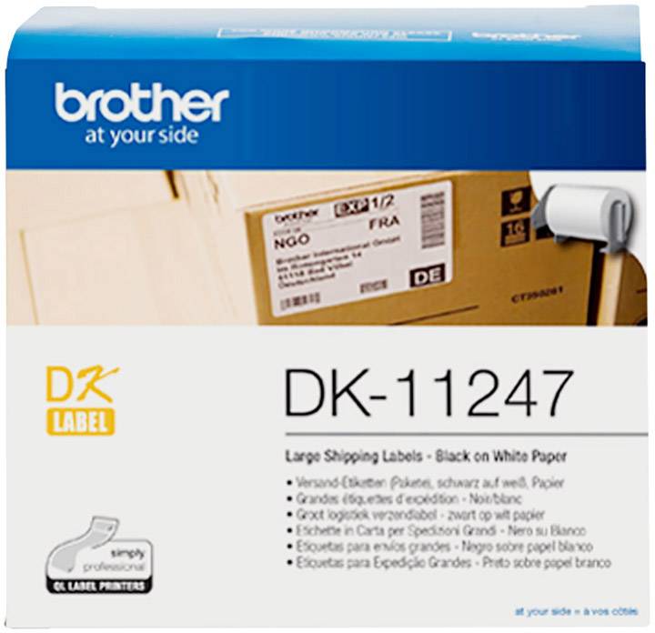 Die Verpackung zeigt 'Brother DK-11247' Etiketten für große Versandetiketten, schwarz auf weißem Papier, geeignet für Labeldrucker.