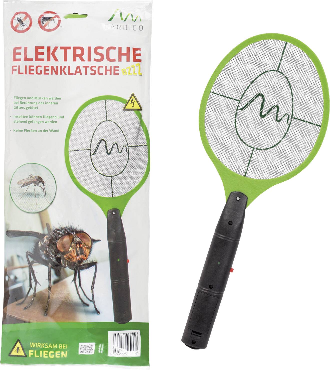 Gardigo Fly Swatter Bzzz 25154 Fliegenklatsche Stromgitter (L x B x H) 460 x 185 x 35 mm Schwarz, Grün 1 St.