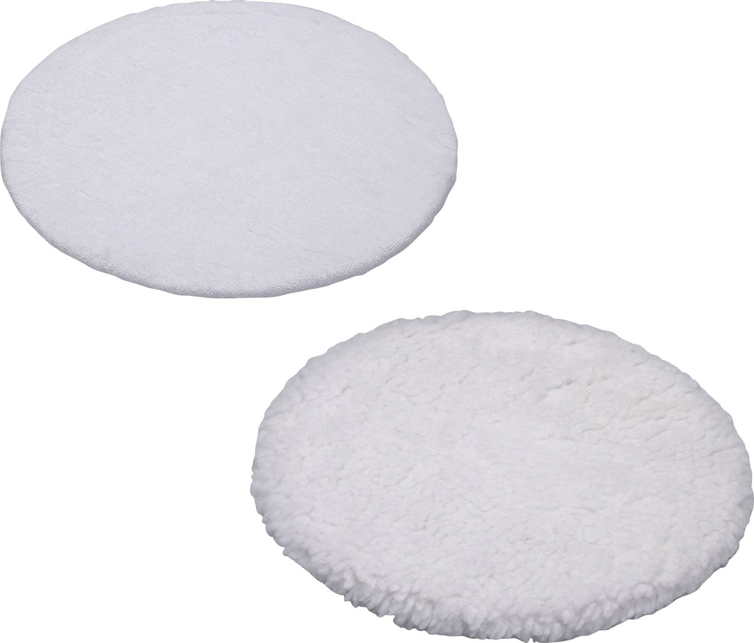Zwei runde, weiße Polierpads, eines flach und glatt, das andere flauschig mit strukturierter Oberfläche.
