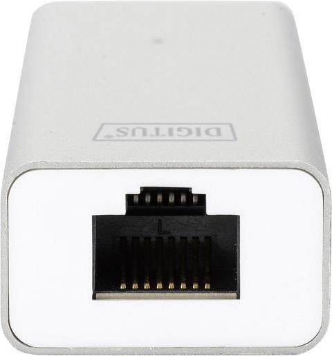 Ein silberner Ethernet-Adapter mit einem Ethernet-Anschluss auf der Vorderseite und geprägt mit 'DIGITUS' auf der Oberseite.
