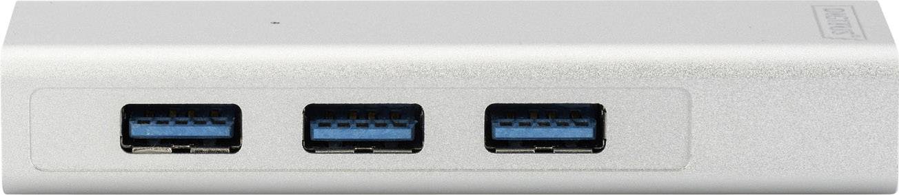 Ein silberner USB-Hub mit drei blauen USB-3.0-Anschlüssen auf der Vorderseite, geeignet für den Anschluss mehrerer Geräte.