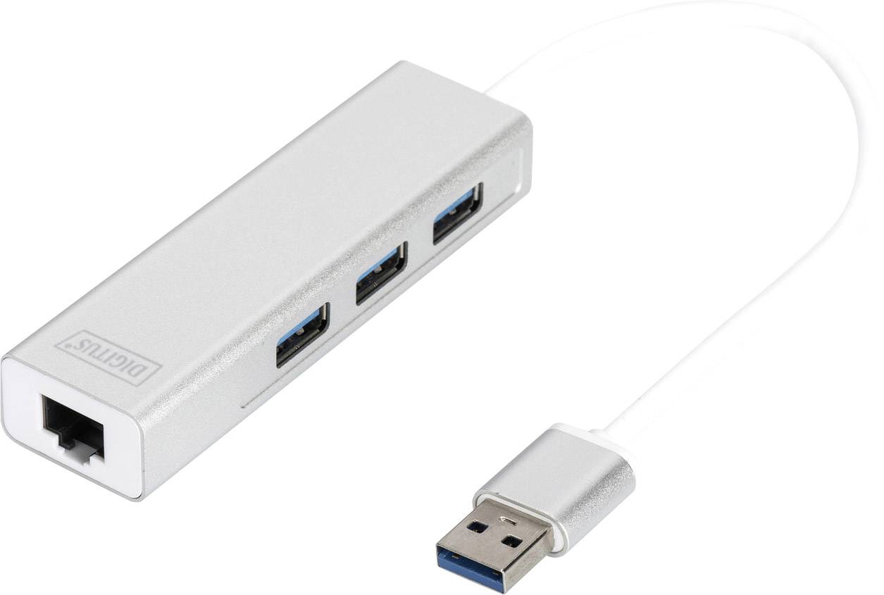 Silberner USB-Hub mit drei USB-3.0-Ports und einem Ethernet-Anschluss, verbunden über ein kurzes Kabel mit einem USB-Stecker.