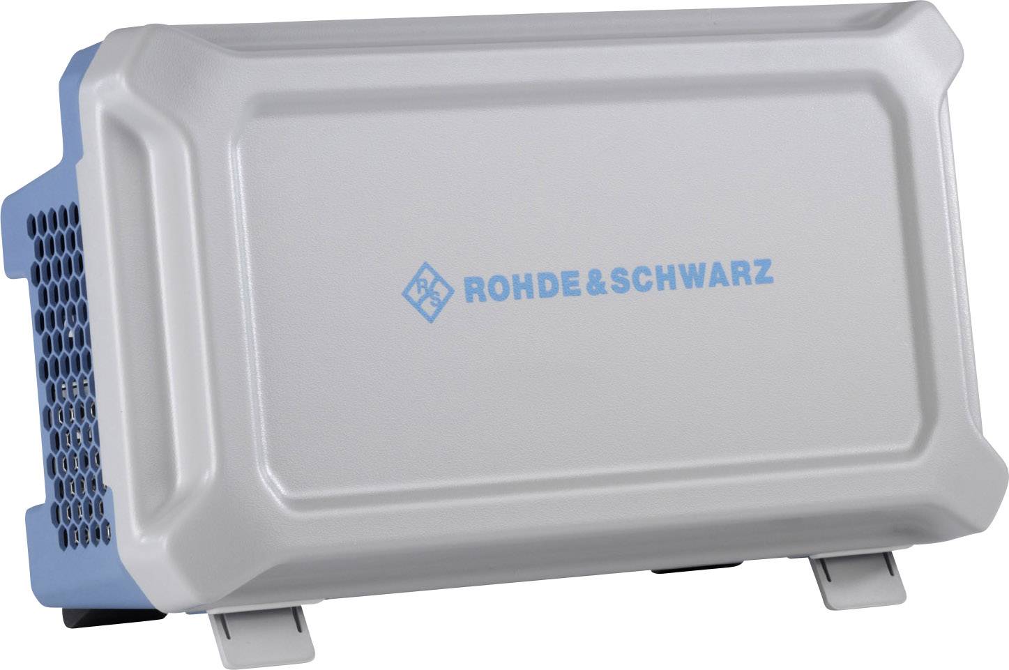 Ein graues elektronisches Gerät mit blauer Schrift 'ROHDE & SCHWARZ' auf der Vorderseite.