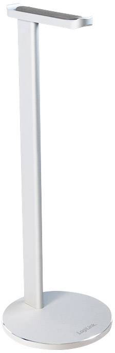 Ein silberner Kopfhörerständer mit rundem Sockel und einem horizontalen Halter.