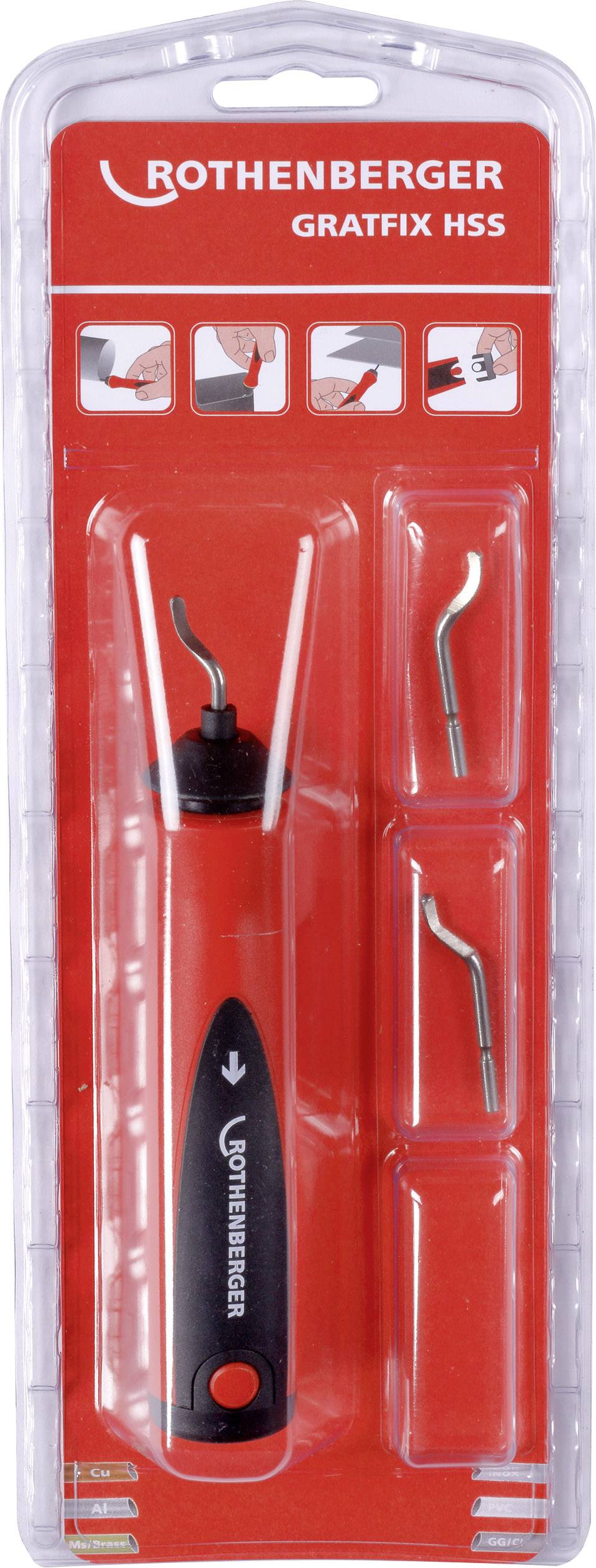 Verpackung eines Entgraters 'ROTHENBERGER GRAFIX HSS' mit drei Wechselklingen. Roter Hintergrund, Markenname und Werkzeug sichtbar.