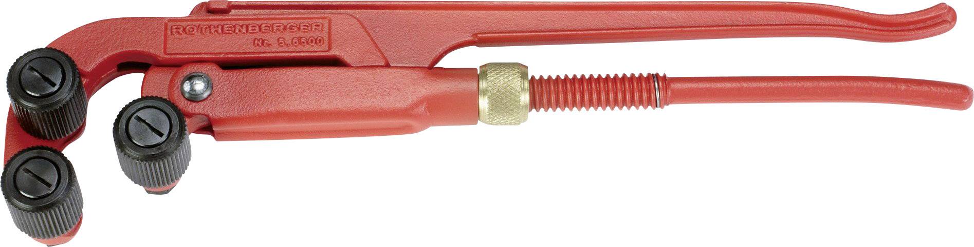 Rote Rohrbiegemaschine mit drei schwarzen Griffen, verwendet zum manuellen Biegen von Rohren in der Werkstatt oder auf Baustellen.