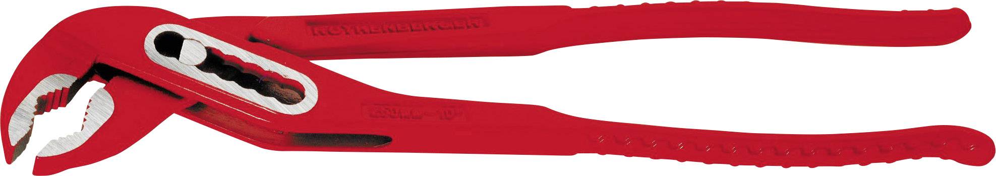 Rote Rohrzange mit verstellbaren Greifbacken und ergonomischem Griff, geeignet für Arbeiten an Rohren und Fittings.