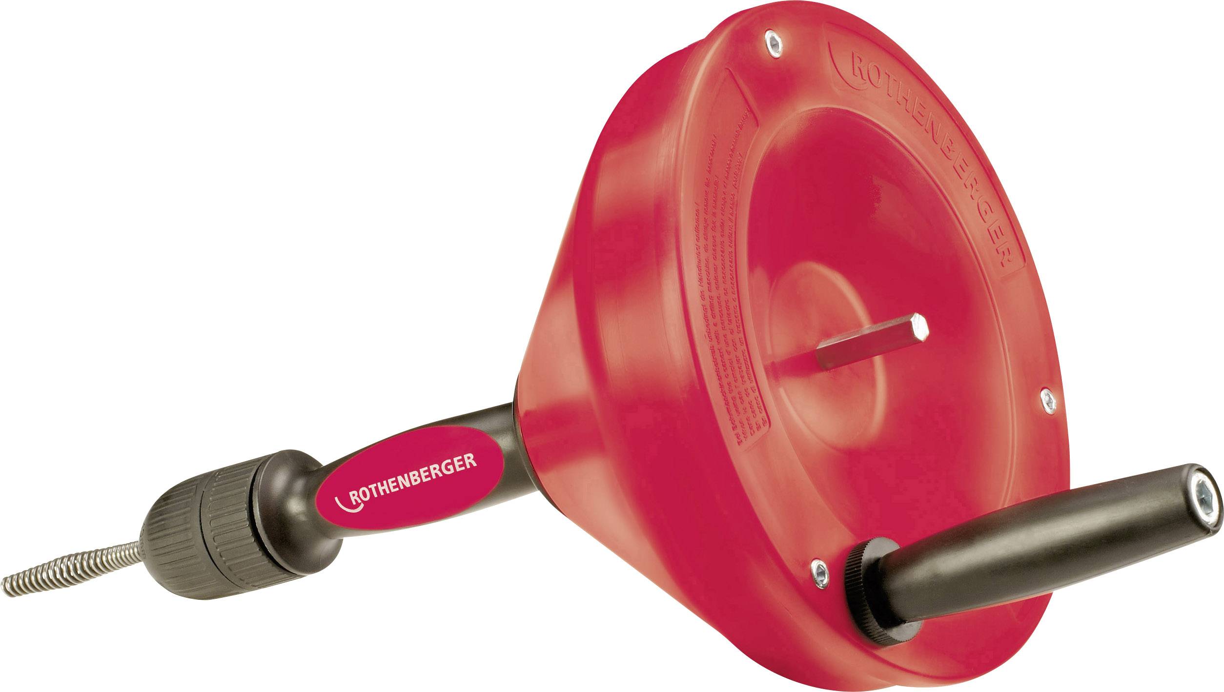 Eine rote Hand-Rohrreinigungs-Spirale von Rothenberger mit Griff und Kurbel, verwendet zur Reinigung von Rohren.