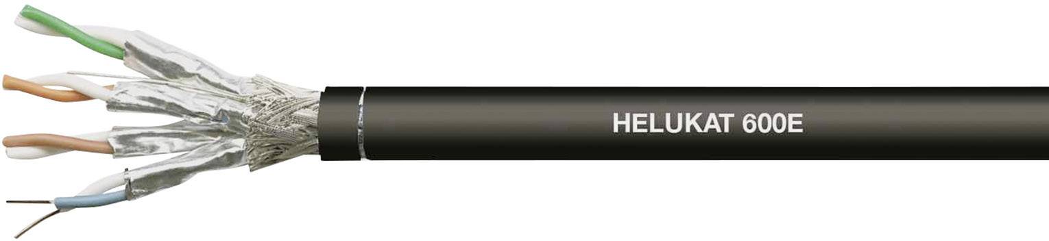 Das Bild zeigt ein abgeschirmtes Ethernet-Kabel mit der Aufschrift 'HELUKAT 600E', das verschiedene Adern in einem Metallmantel enthält.