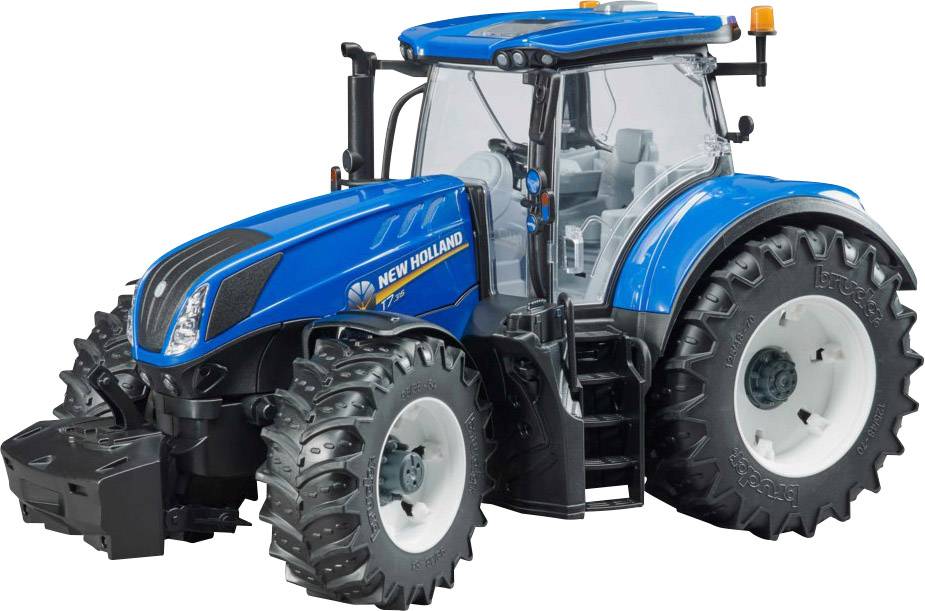 Ein blauer Spielzeugtraktor der Marke New Holland, detailliert nachgebildet mit großen schwarzen Rädern und einem realistischen Design.