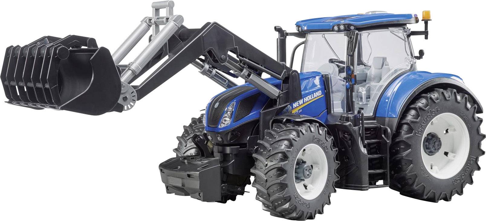 Ein blauer Traktor mit Frontlader, im Vordergrund stehend. Große Reifen und moderne Kabine. Keine Personen sichtbar.