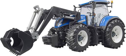 Ein blauer Spielzeugtraktor mit großen schwarzen Reifen und Frontlader.
