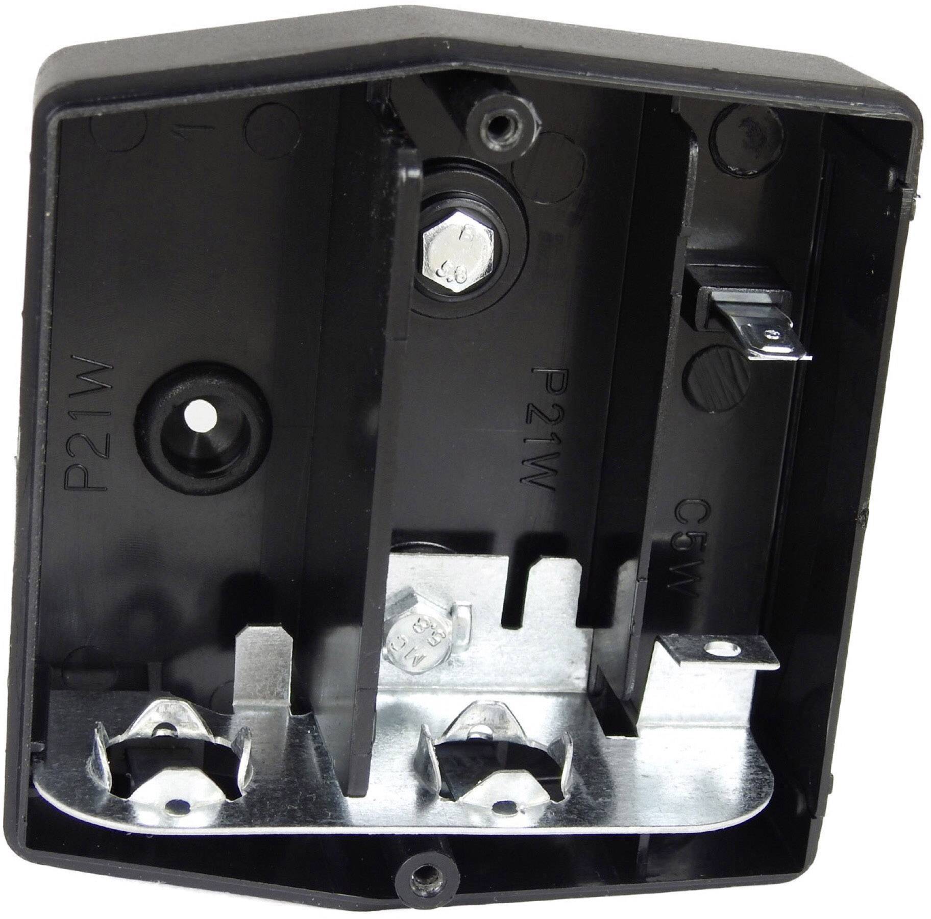 Schwarze Lampenfassung für zwei Autolampen, mit Metallklammern zur Befestigung. Geeignet für P21W und C5W Glühlampen.