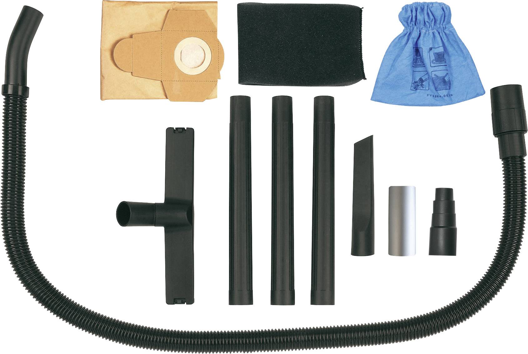 Staubsauger-Zubehörset mit Schlauch, Düsen, Verlängerungen, Staubbeutel und Stoffbeutel auf weißem Hintergrund.