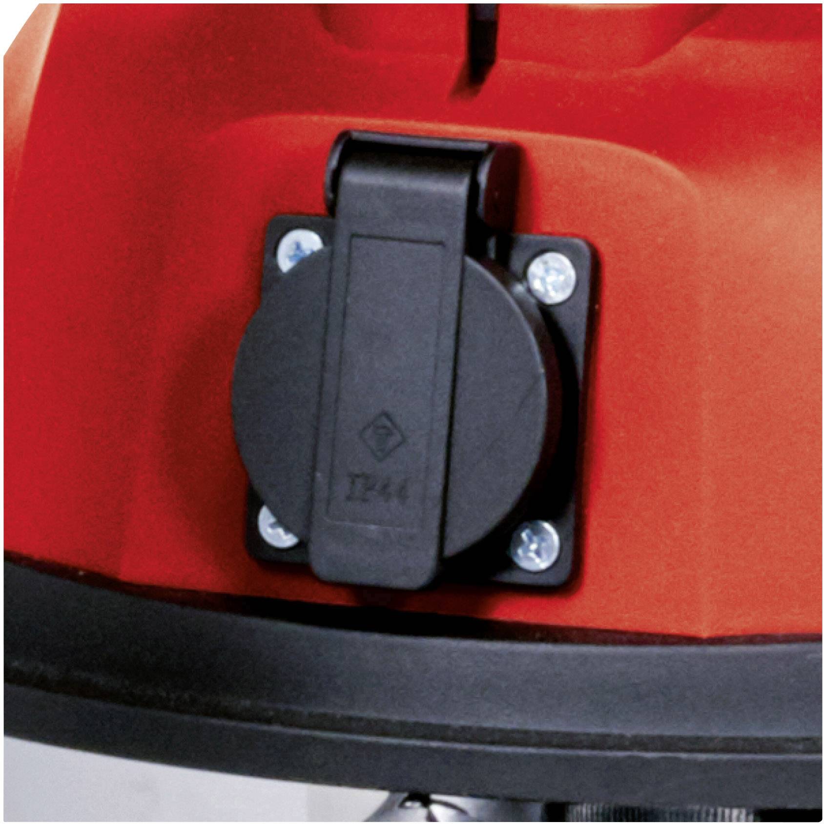 Eine runde, schwarze Steckdose auf einem roten Gerät, gesichert mit vier Schrauben.