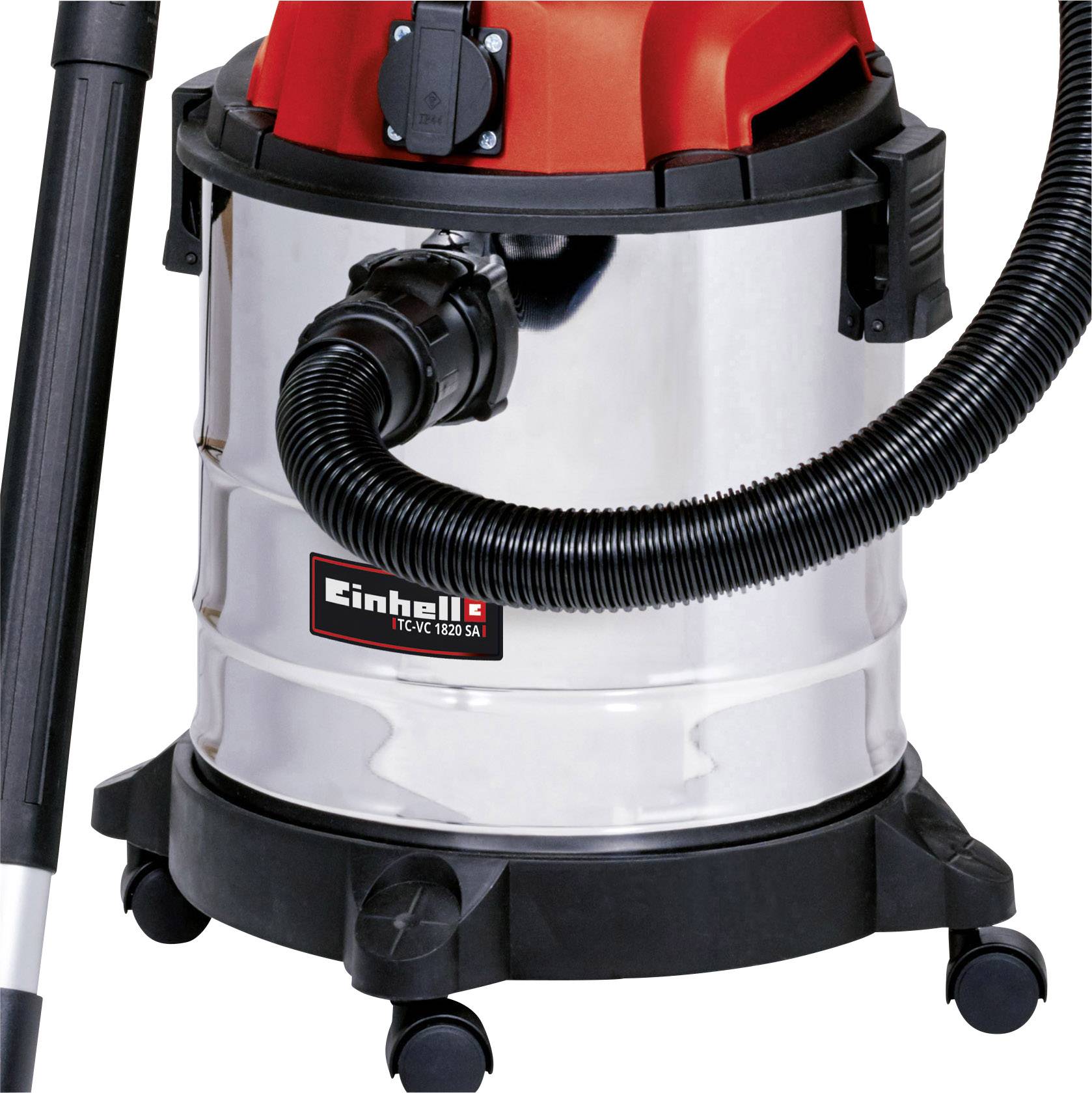 Staubsauger mit Metallkorpus und rotem oberen Teil, beschriftet als 'Einhell TC-VC 1820 SA', mit Schlauch und Rollen.