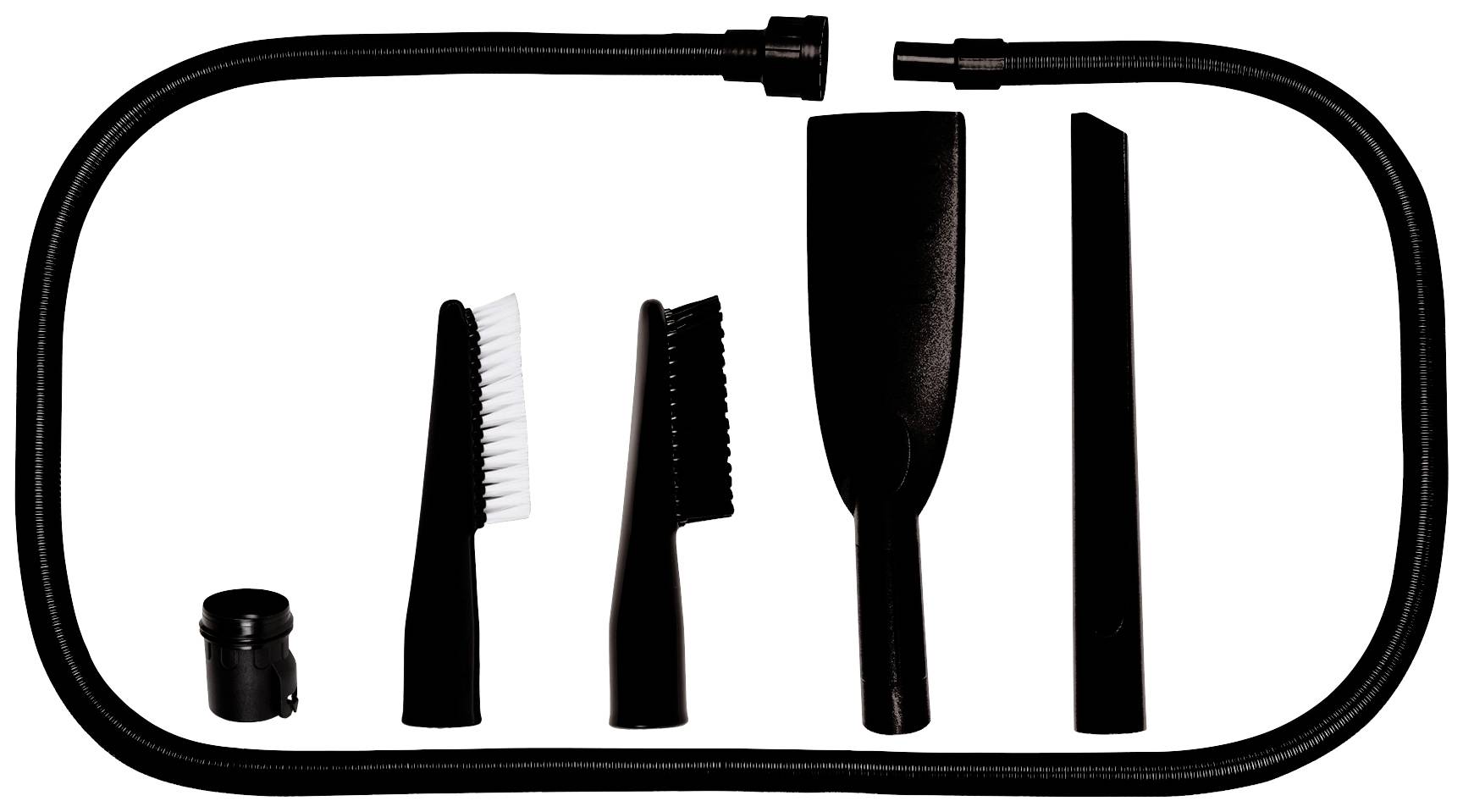 Staubsauger-Zubehörset mit Schlauch, zwei Bürsten, schmaler Düse und Adapter, geeignet für schwer zugängliche Bereiche.