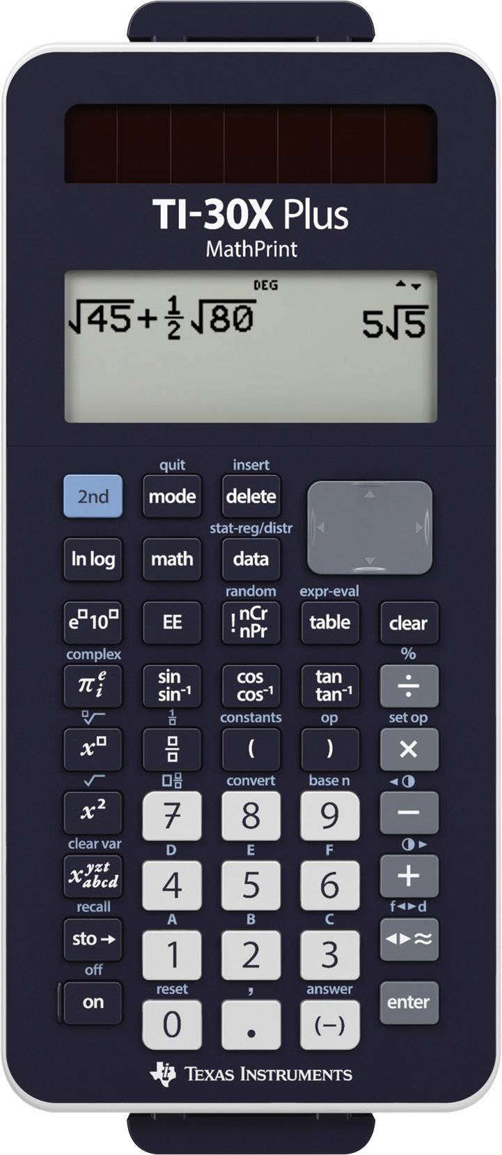 Ein wissenschaftlicher Taschenrechner der Marke Texas Instruments, Modell TI-30X Plus MathPrint, mit Solarzellen und Tastenfeld.