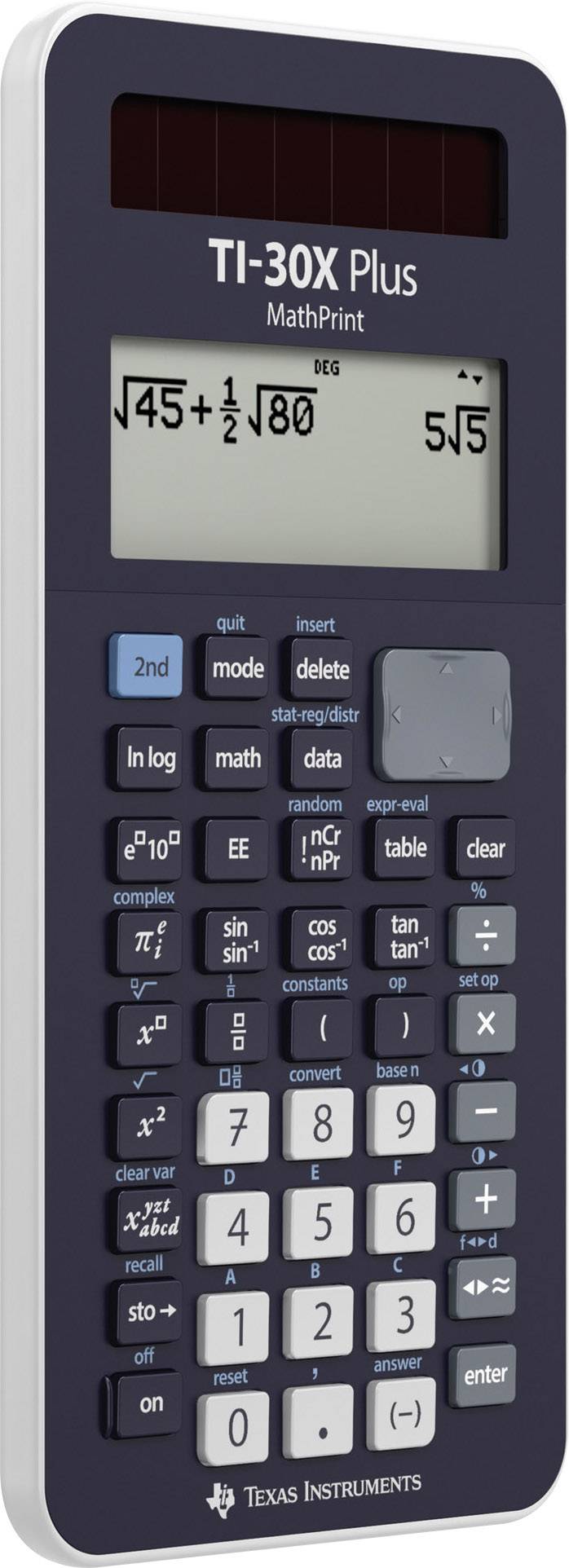 Ein wissenschaftlicher Taschenrechner mit Solarpanel und Displayanzeige. Zeigt Rechenergebnisse und mathematische Funktionen an.