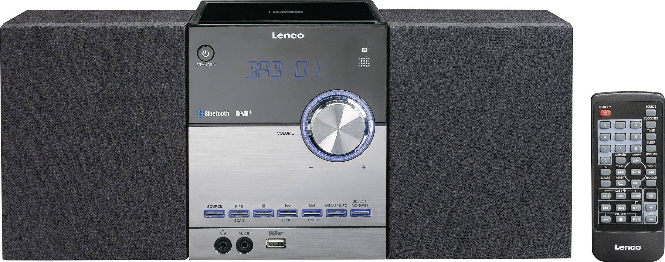 Lenco MC-150 Stereoanlage AUX, Bluetooth®, DAB+, CD, UKW, USB, SD, 2 x 10 W Schwarz, Silber