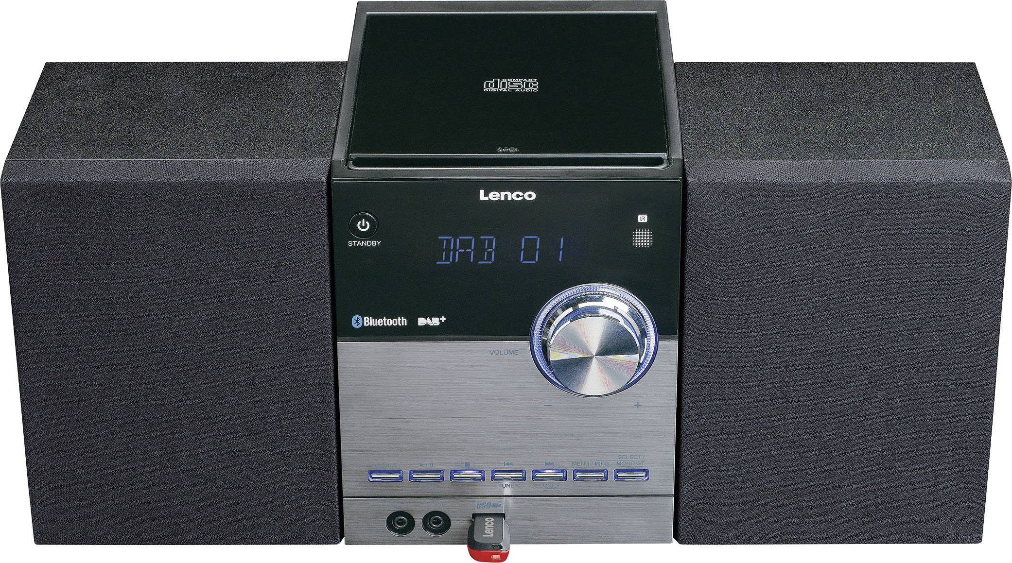 Lenco MC-150 Stereoanlage AUX, Bluetooth®, DAB+, CD, UKW, USB, SD, 2 x 10 W Schwarz, Silber