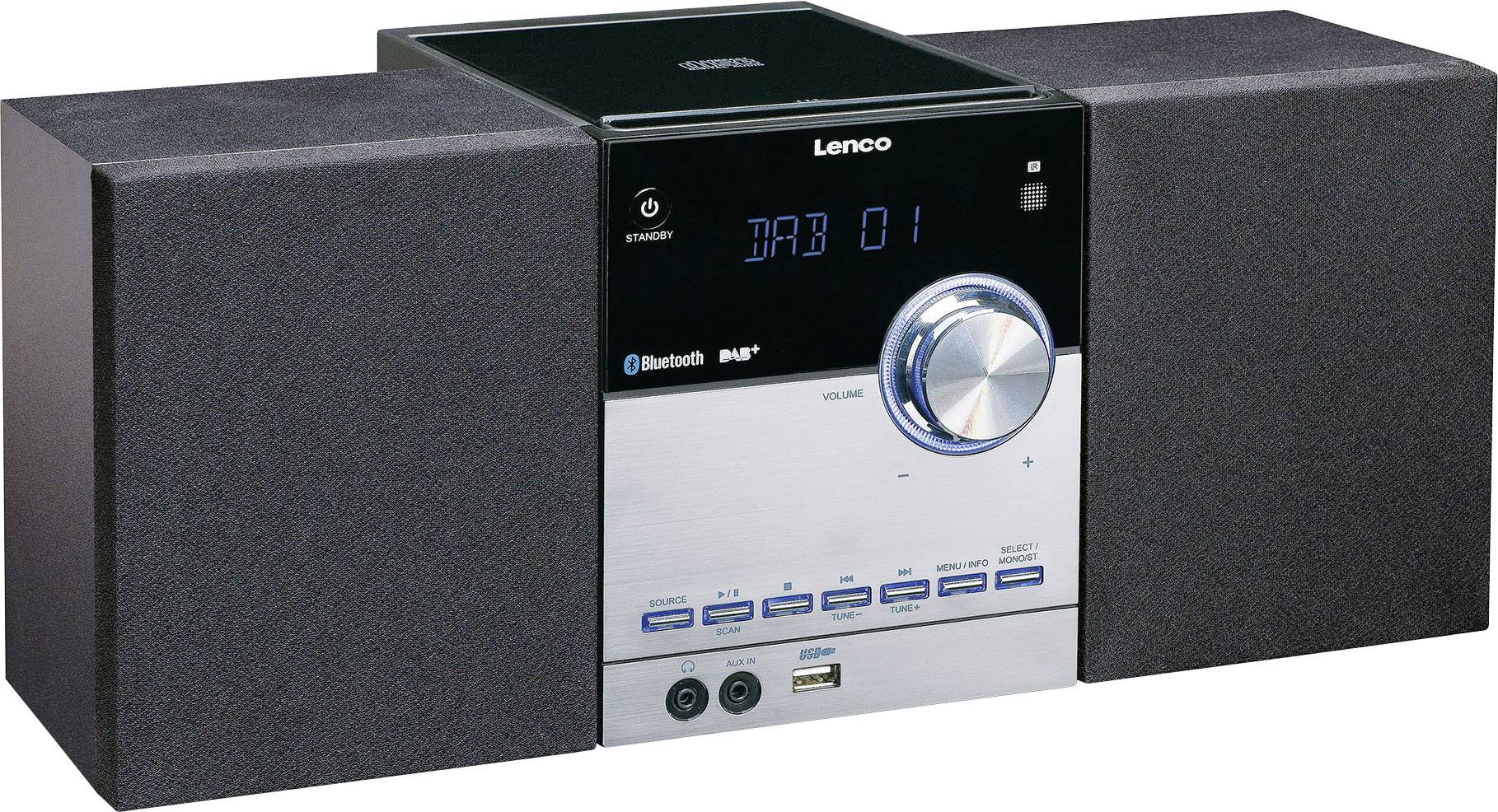 Lenco MC-150 Stereoanlage AUX, Bluetooth®, DAB+, CD, UKW, USB, SD, 2 x 10 W Schwarz, Silber
