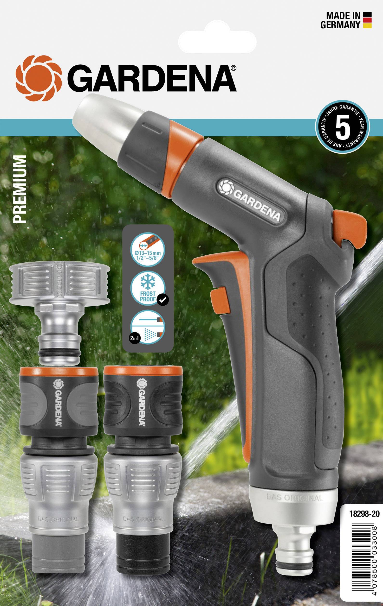 Gartenbrause von Gardena in Schwarz und Orange. Enthält zwei Steckverbindungen. Hergestellt in Deutschland. Geeignet für verschiedene Bewässerungsarten.