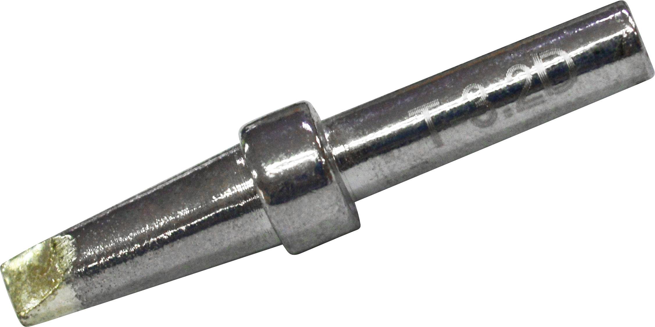 Ein Lötspitzenaufsatz aus Metall, konisch geformt, mit einer leicht abgeflachten Spitze. Geeignet für feine Elektronikarbeiten.