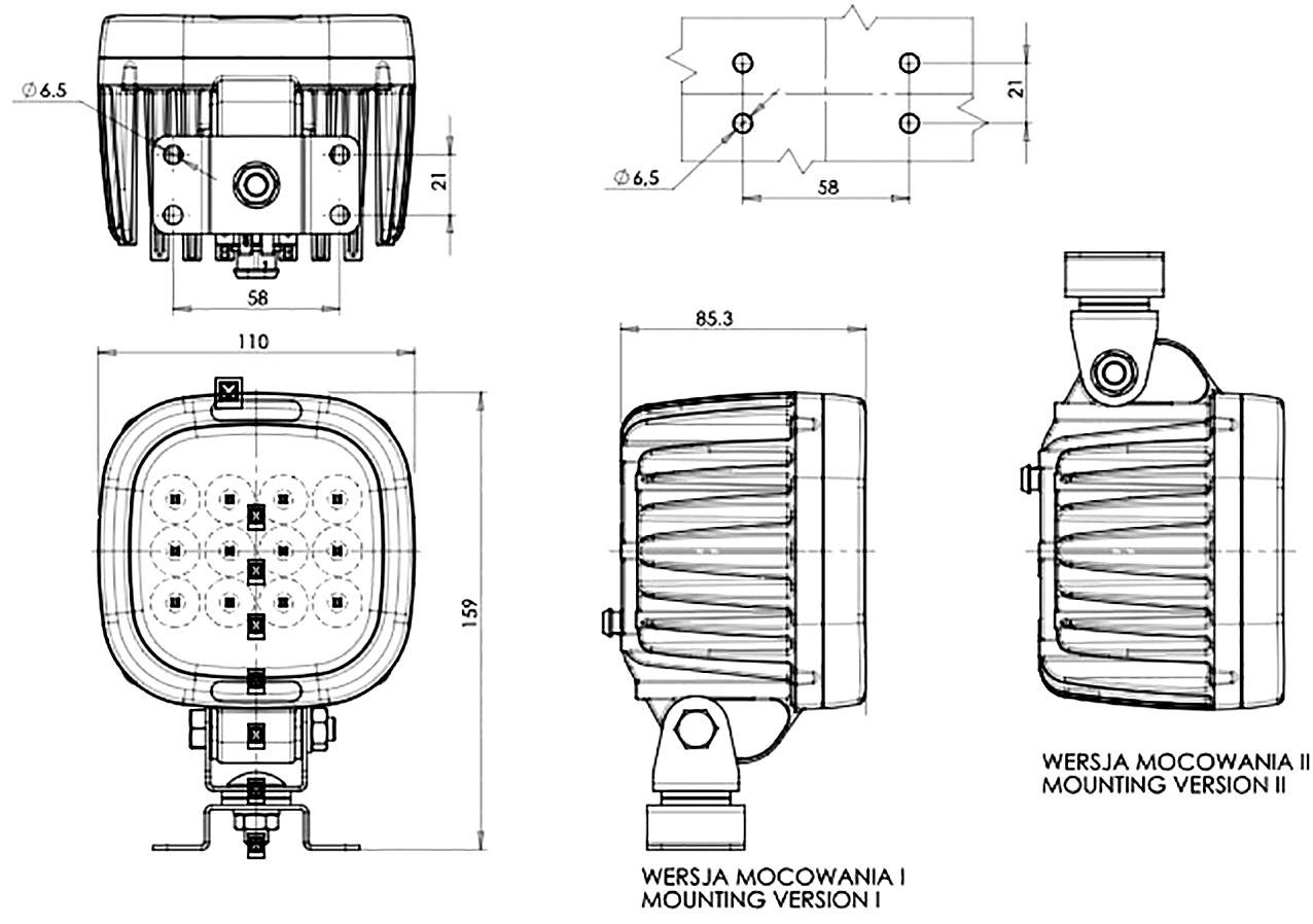 WAS Arbeitsscheinwerfer 12 V, 24 V, 36 V, 48 V, 60 V, 70V W130 8000 Spot 1215 Weitreichende Ausleuchtung (B x H x T) 110 x 159