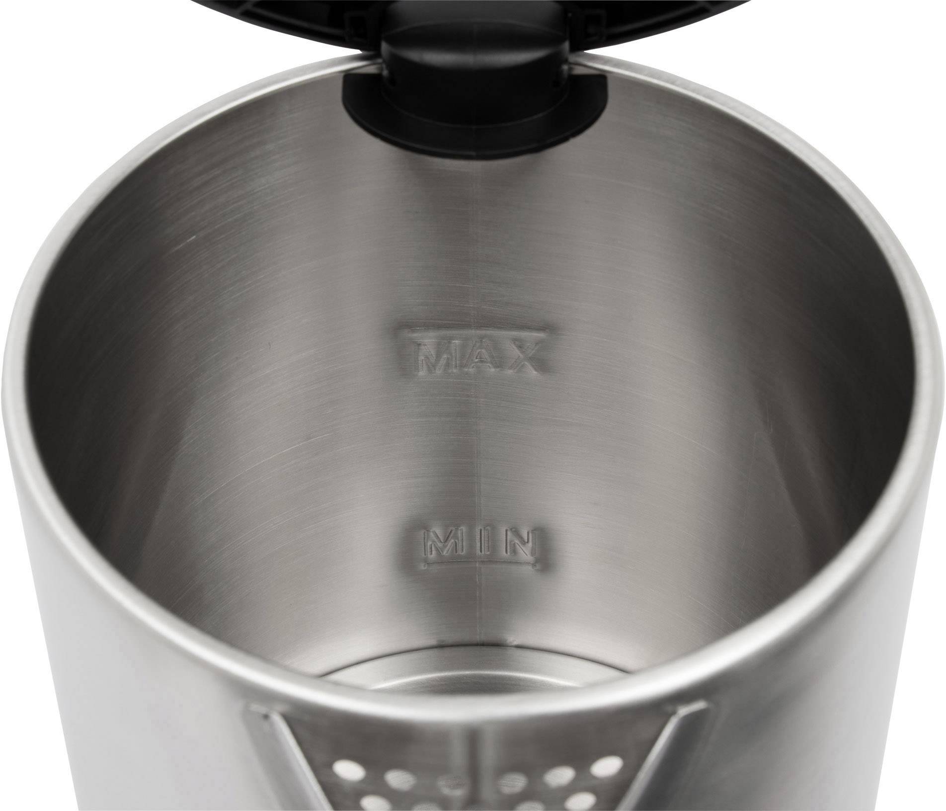 Ein offener Edelstahl-Wasserkocher zeigt die Innenmarkierungen 'MAX' und 'MIN' zur Angabe der maximalen und minimalen Wasserfüllmenge.