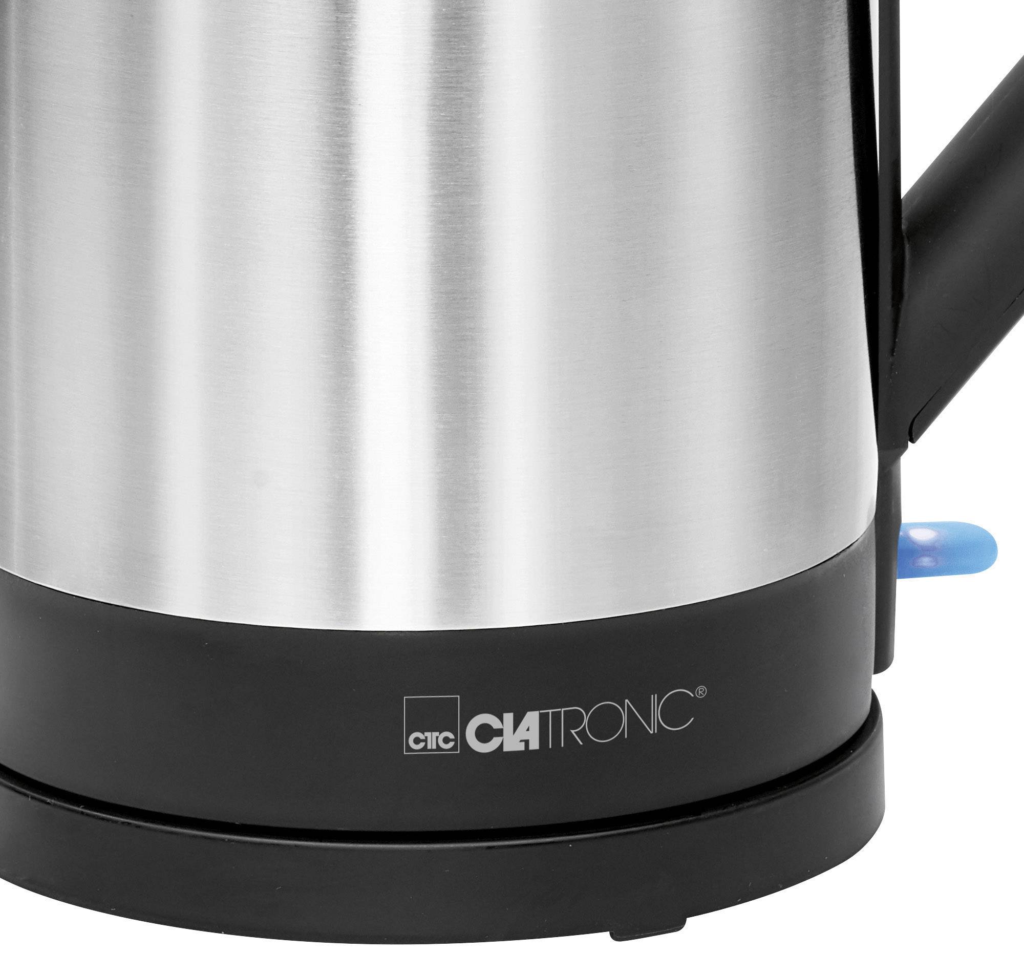 Ein silberner Wasserkocher mit schwarzem Sockel und Griff. Markierung 'Clatronic' auf dem Sockel.